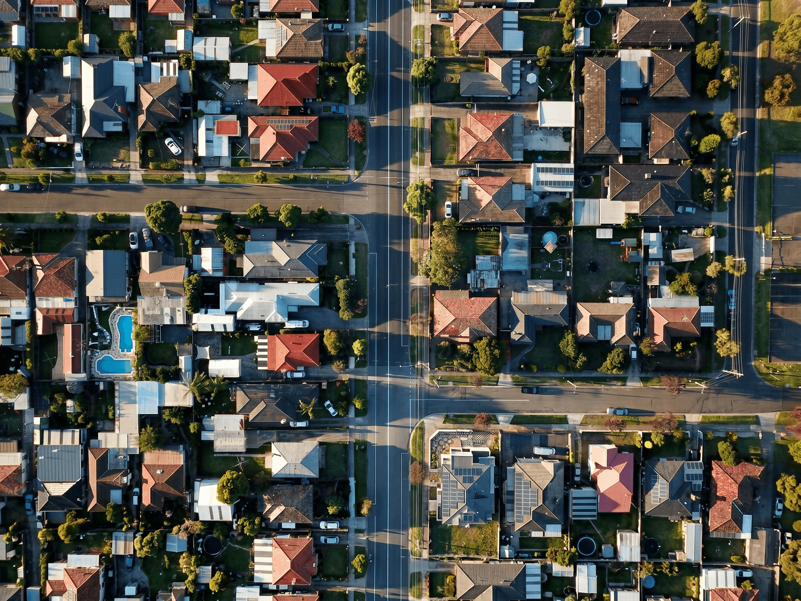 Luftaufnahme eines Wohnviertels mit zahlreichen Einfamilienhäusern, Gärten und Straßenkreuzungen. Die Dächer der Häuser sind in verschiedenen Farben gehalten, einige mit Solaranlagen ausgestattet.