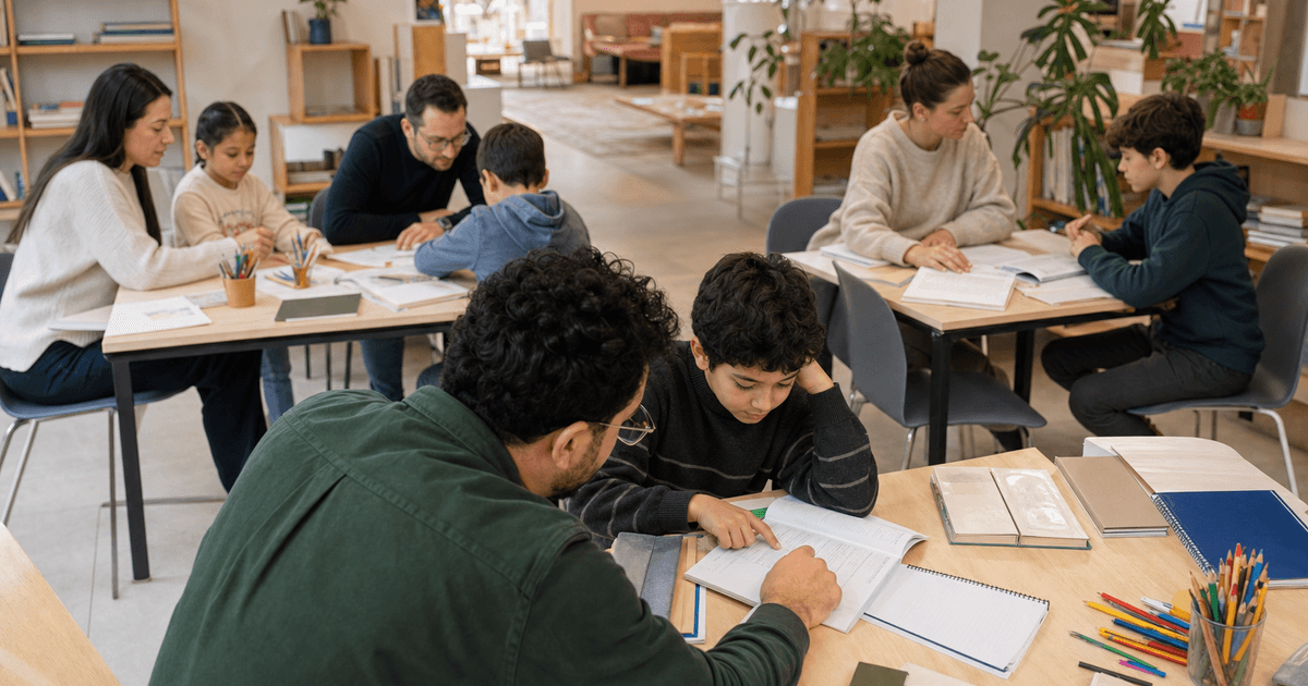 Die Aufnahme zeigt den Mentoringraum aus einer leicht erhöhten seitlichen Weitwinkelperspektive mit mehreren Lernpaaren und der offenen Atmosphäre des Projekts.